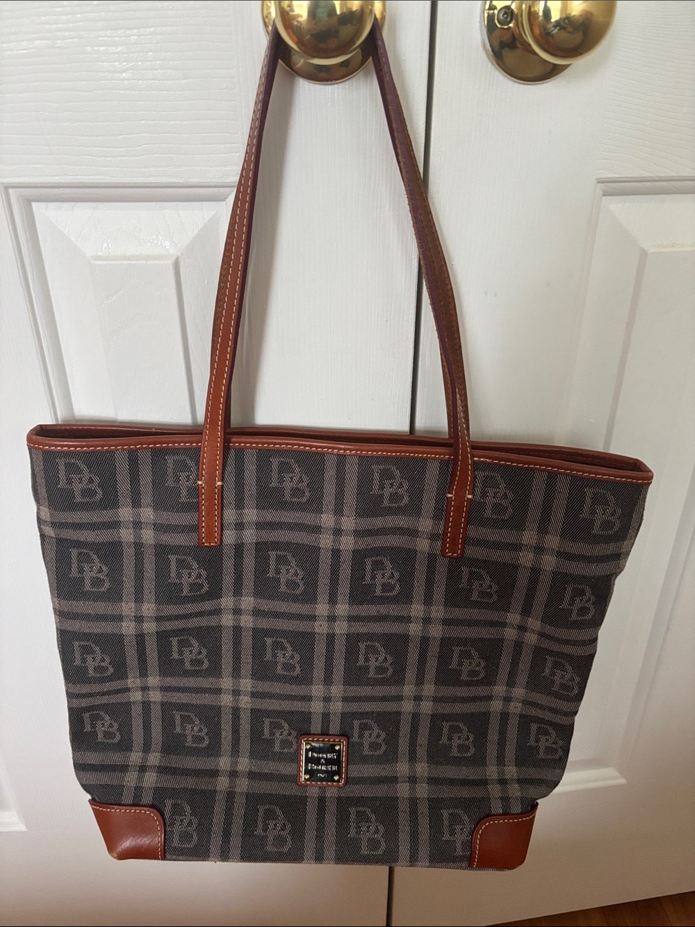 Dooney & Bourke Gray Plaid Logo Tote with Tan Leather Trim